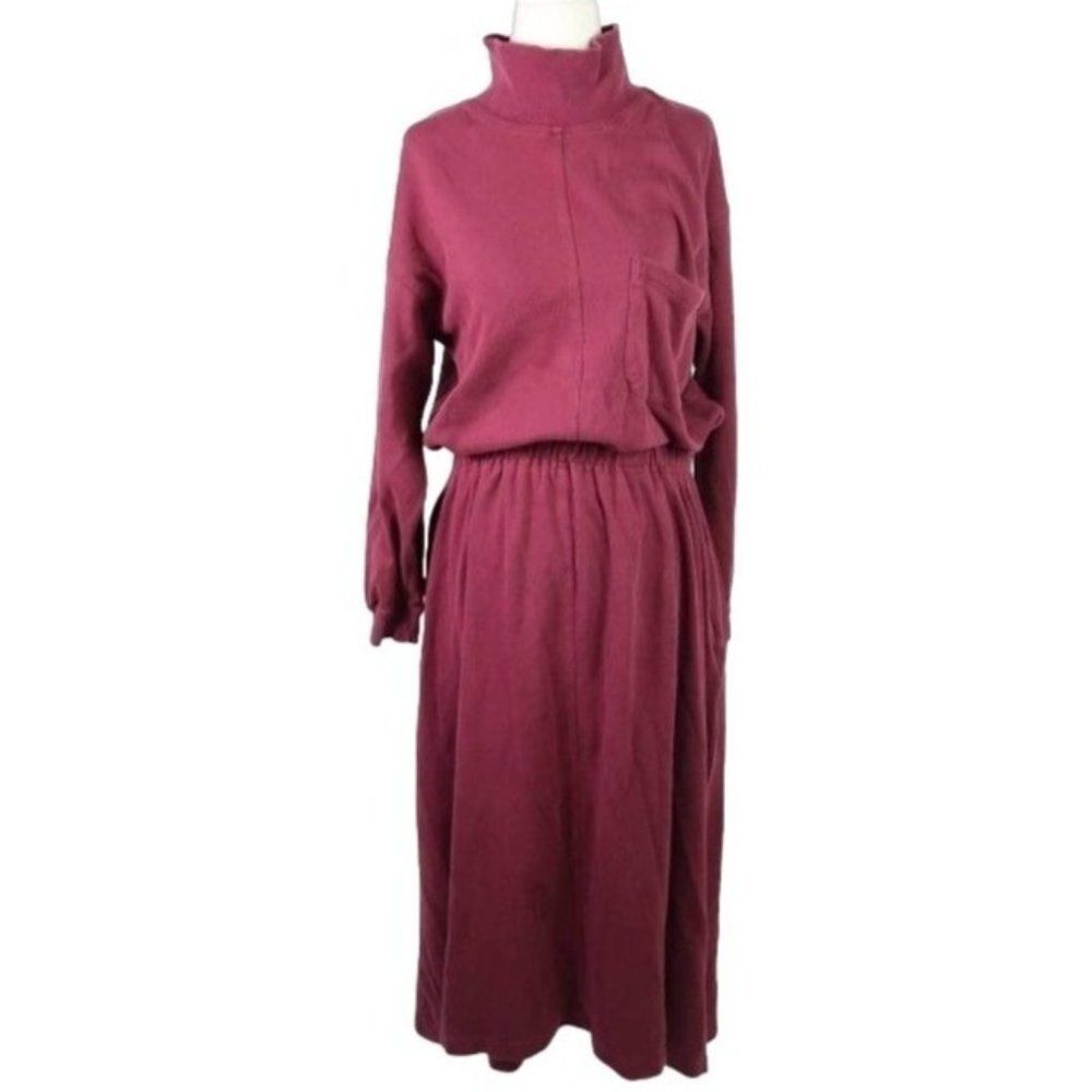 Vtg Eddie Bauer Y2K Midi Dress Teacher XSP Jersey Burgundy Turtleneck Stretch